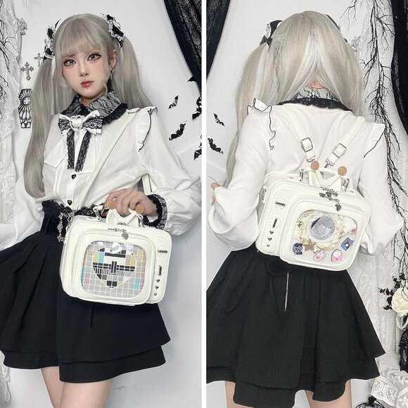 Retro TV Shaped Ita Backpack with Pin Display and Inserts White Crossbody Purse - Picture 3 of 9